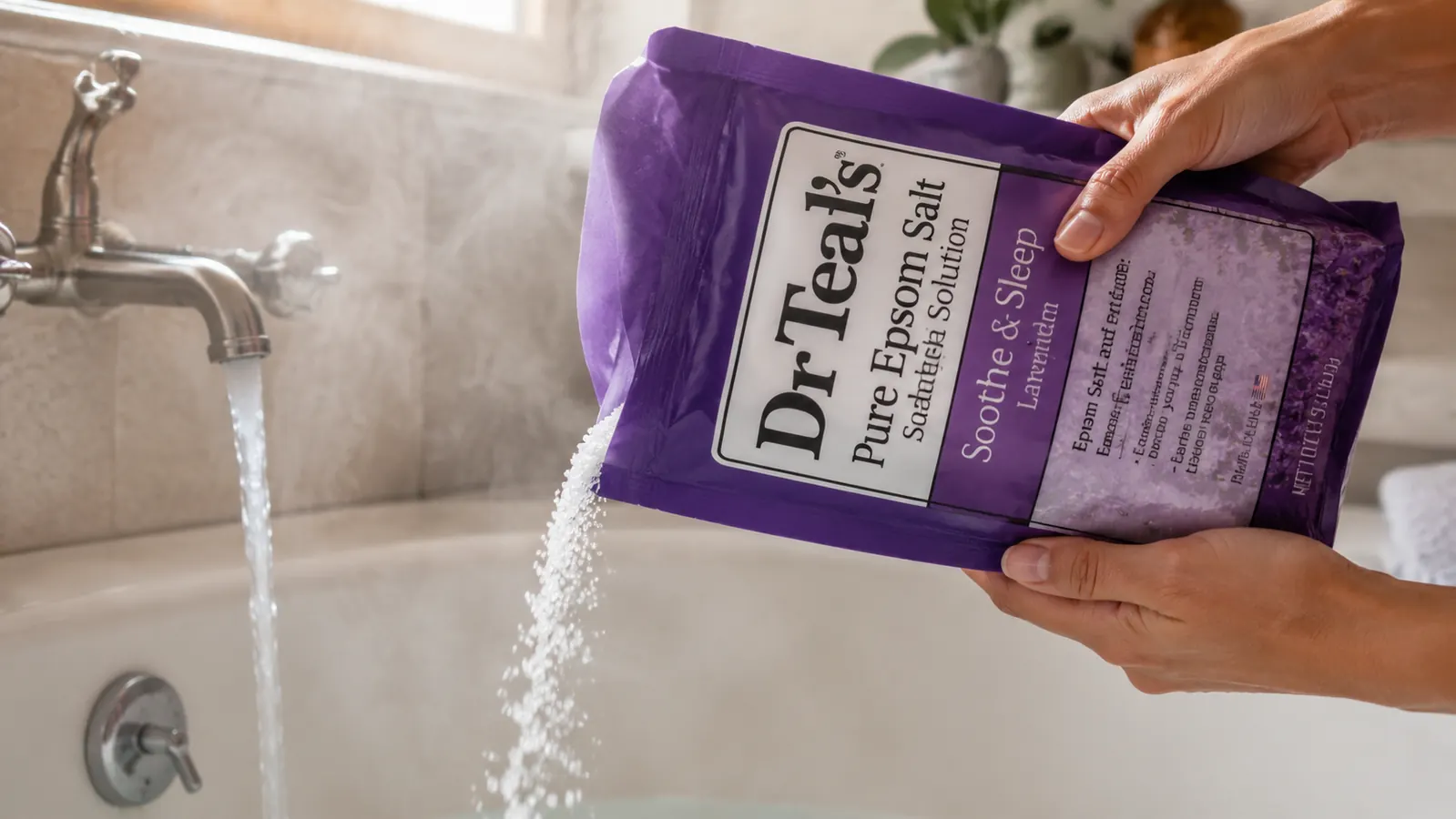 Hand scooping Epsom salt from the Dr Teal's lavender canister and pouring it under warm running bath water