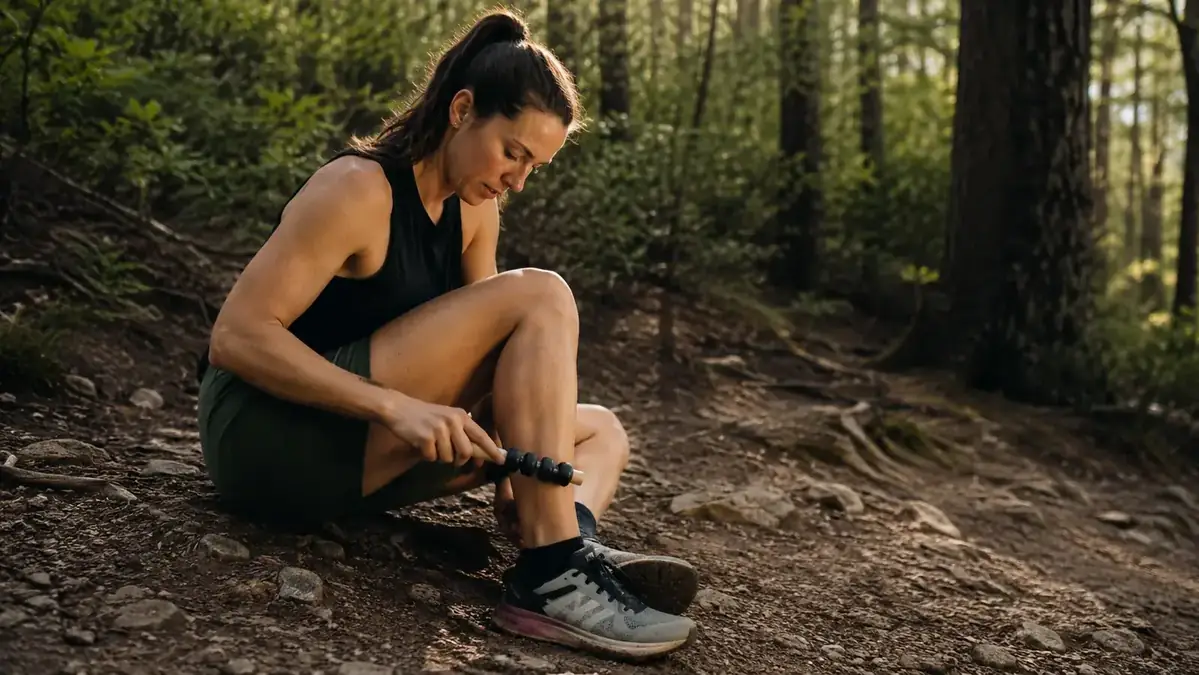 Runner on a trail stopping to roll out tight shin muscles with a roller stick before continuing