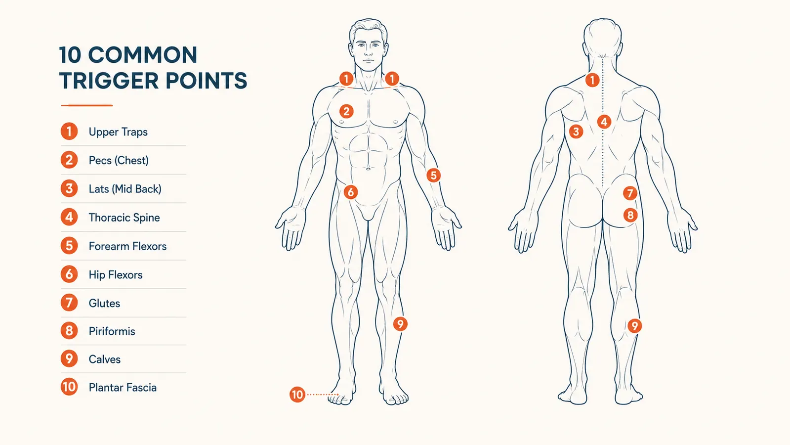 Diagram showing the 10 most common trigger point locations on a human body outline