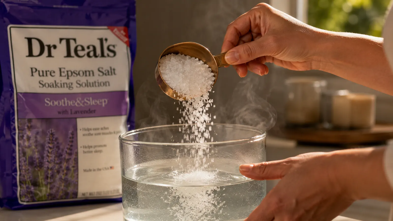 Close-up of epsom salt crystals dissolving in a clear glass of hot water, steam rising above