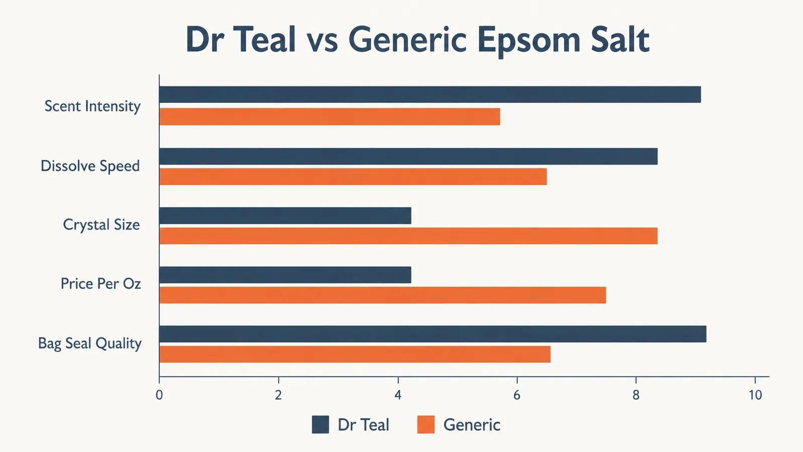 Simple comparison chart showing Dr Teal's versus generic epsom salt across five product dimensions