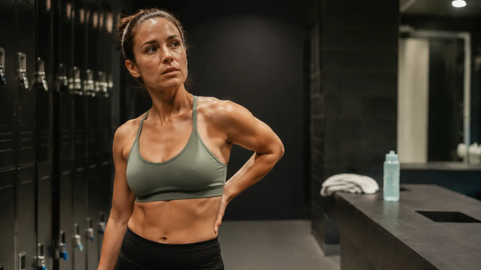 Person holding their lower back in mild discomfort after a workout, standing in a gym locker room