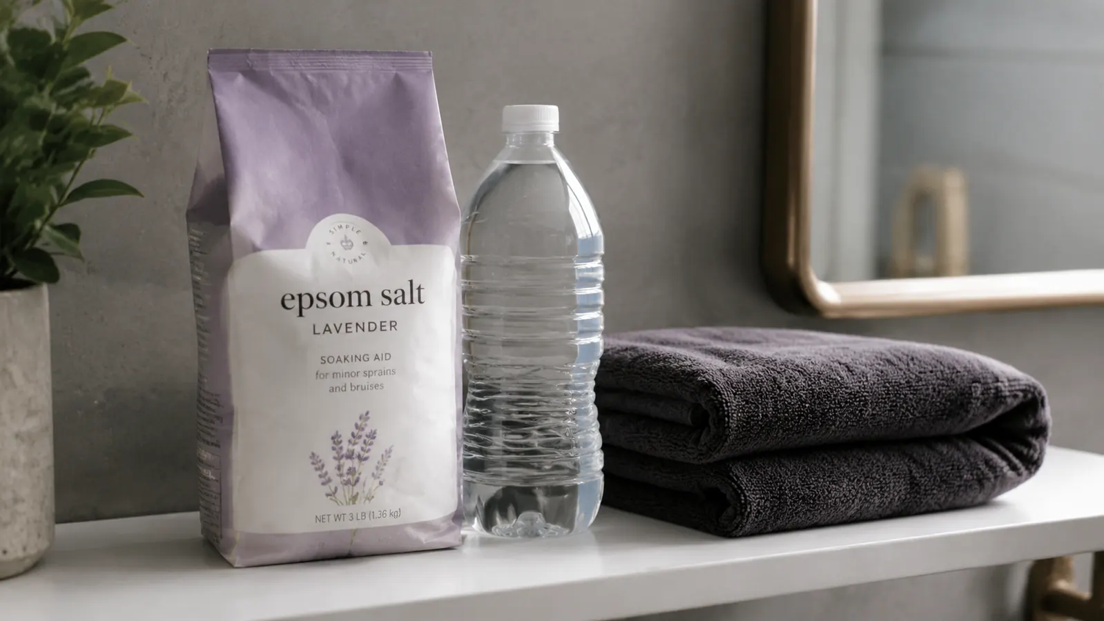 Bathroom shelf with epsom salt, a water bottle, and a folded towel, simple and clean