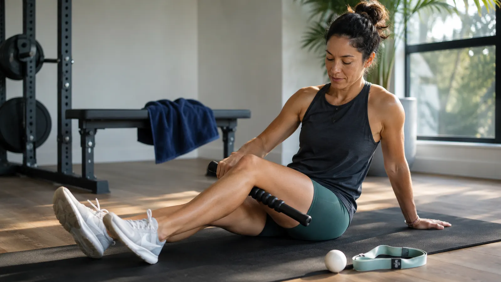 A lifter using a percussion massage gun on a sore quad in a home gym after a workout