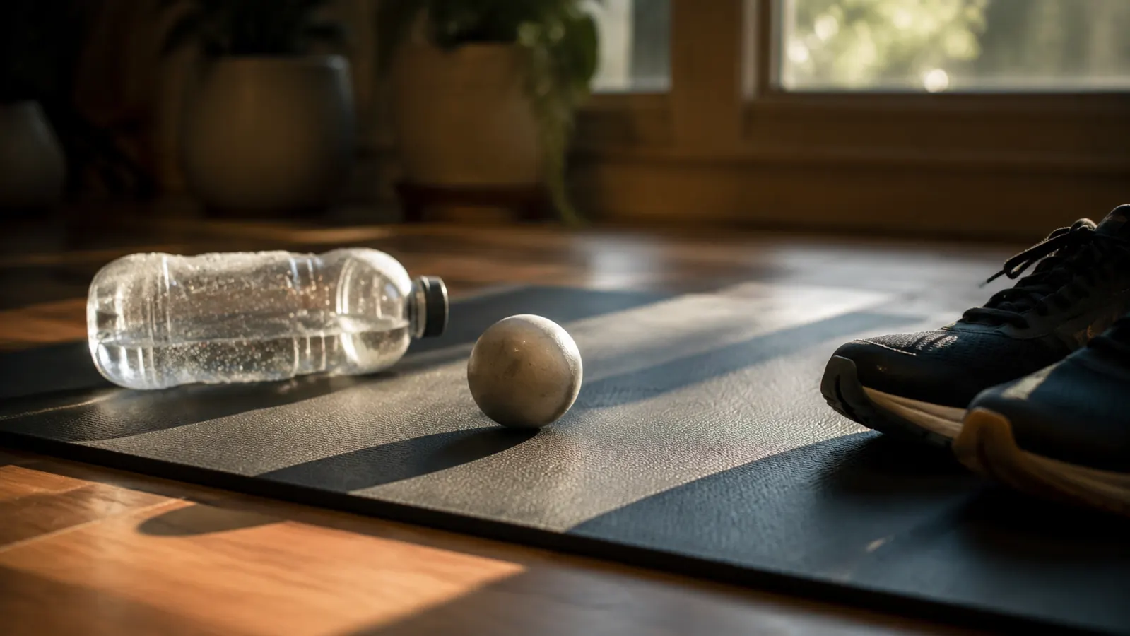 Lacrosse ball resting on a yoga mat beside a water bottle and sneakers after a workout