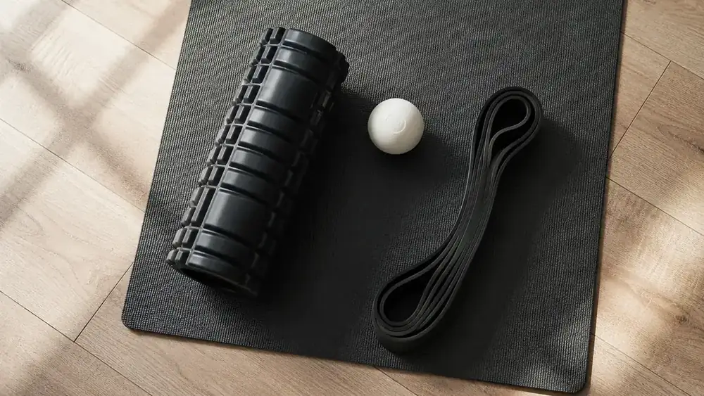 Overhead flat lay of a lacrosse ball on a yoga mat next to a foam roller and resistance band