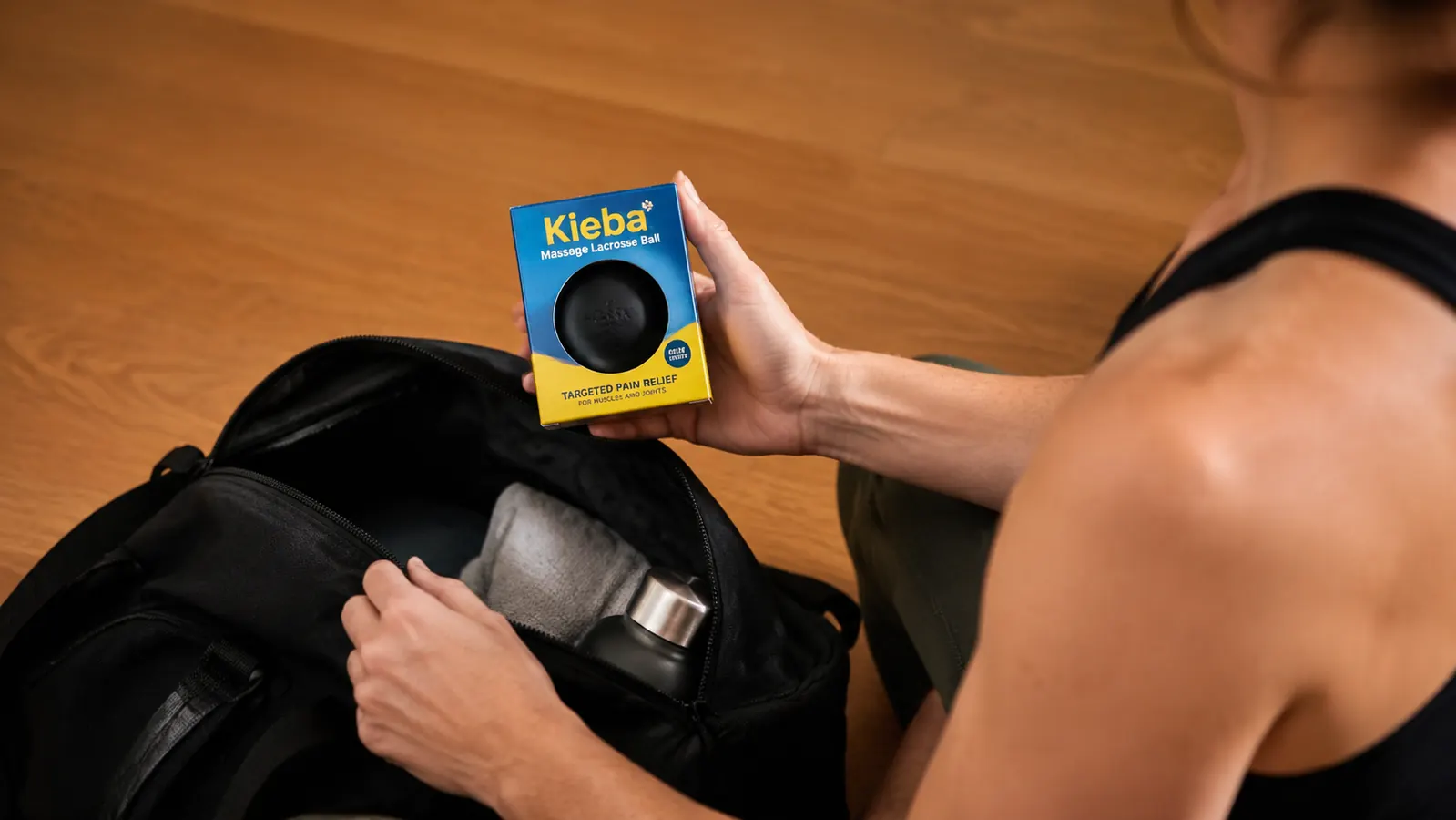 Kieba lacrosse ball held in an open palm next to a gym bag