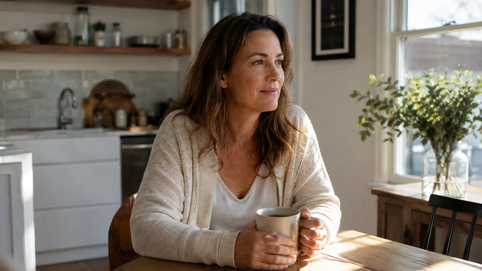 Person sitting relaxed at a kitchen table with a cup of coffee, looking comfortable and at ease