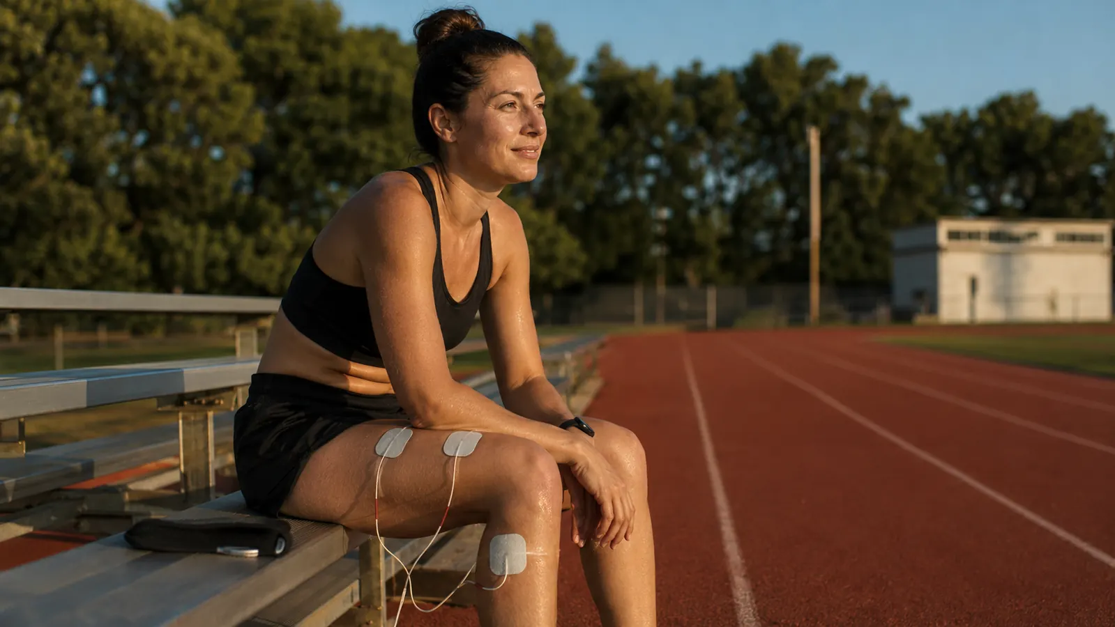 Runner sitting on a track bench post-run, TENS pads visible on quad and calf, water bottle in hand, relaxed expression