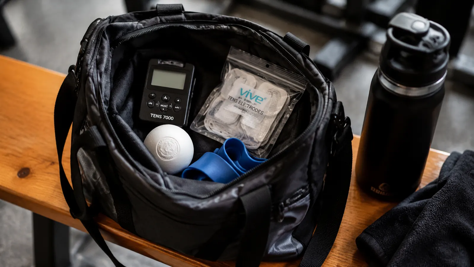 Gym bag open on a bench showing a TENS unit, electrode pads, and standard recovery items like a foam roller and water bottle